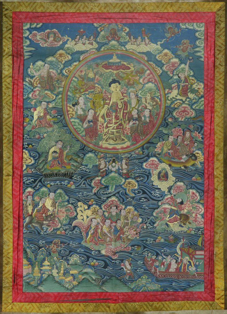 A Fine Tibetan Antique Thangka: A Fine Tibetan Antique Thangka: of 16th Century; Size: H: 49"; W: 33" (overall)