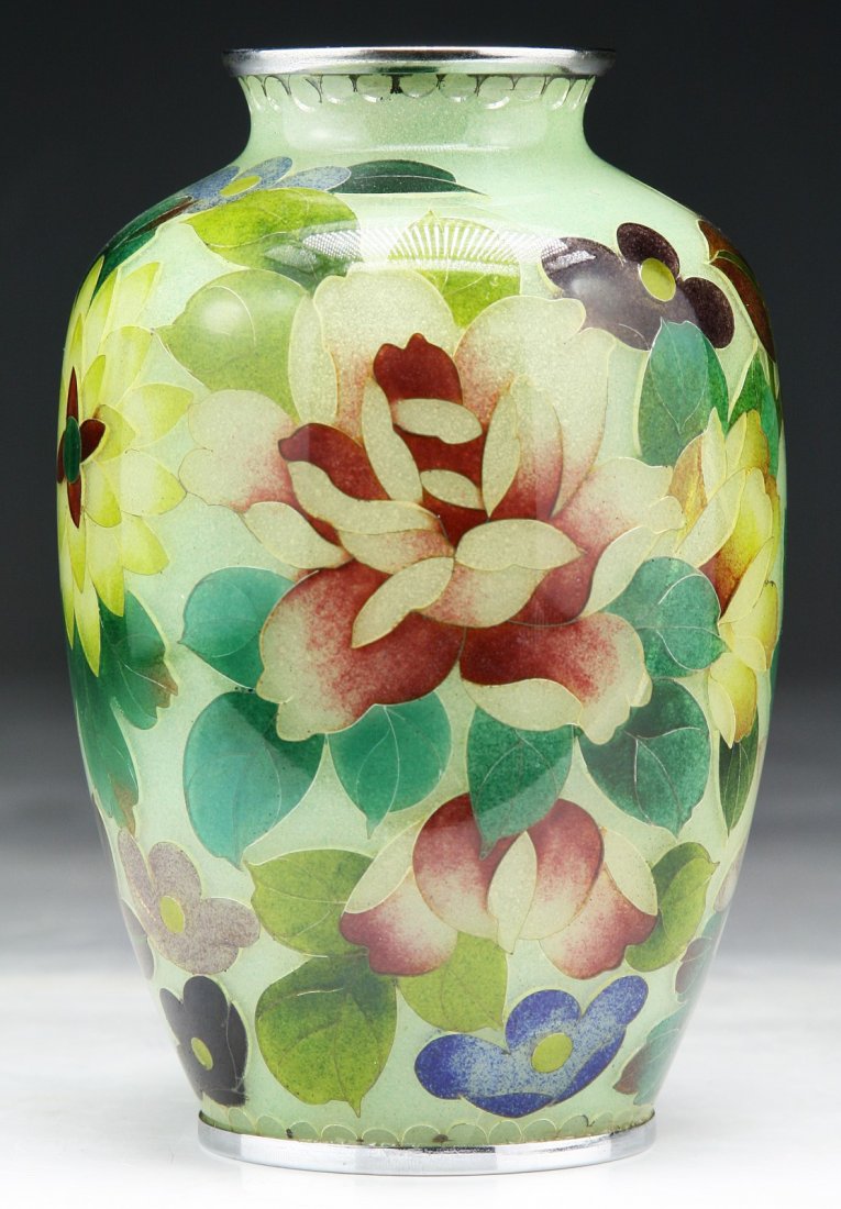 A Fine Japanese Antique Plique-A-Jour Vase: A Fine Japanese Antique Plique-A-Jour Vase: transparent cloisonne enamel vase, of attractive ovoid form, the stained glass-like effect with the design of vari-colored blossoms and foliage reserved on