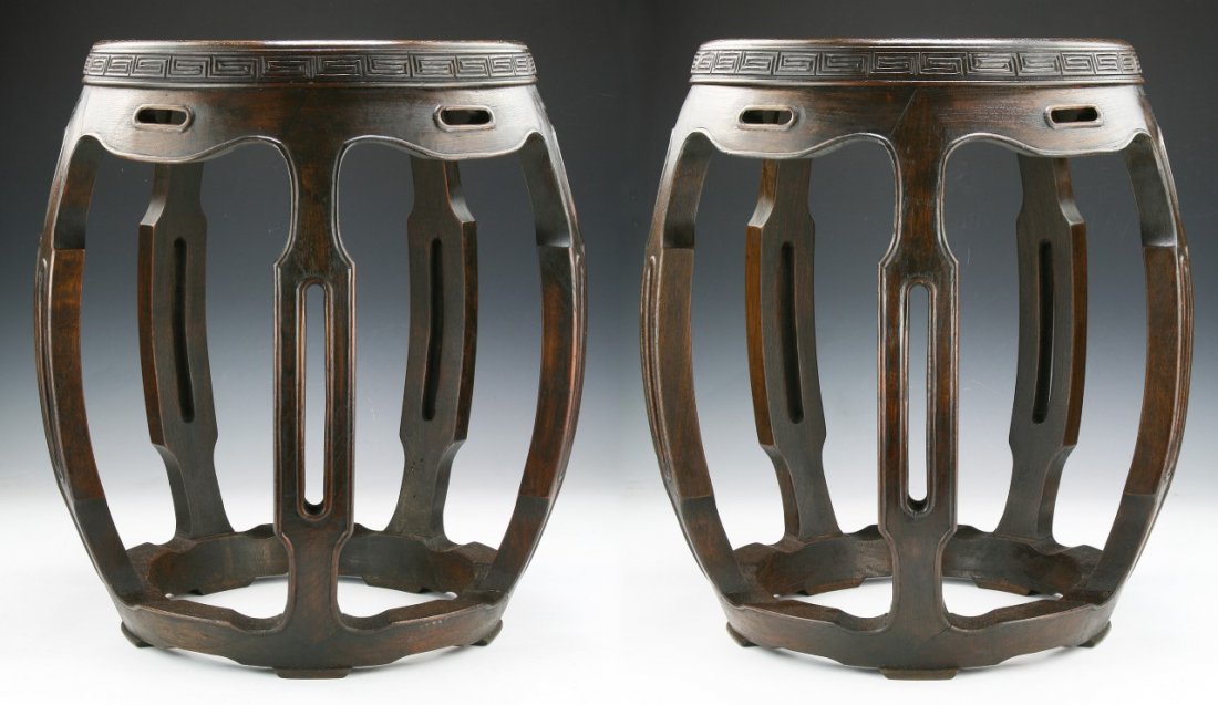 Pair Chinese Marble And Hardwood Stools: Pair Chinese Marble And Hardwood Stools; Size: H: 18" (each)