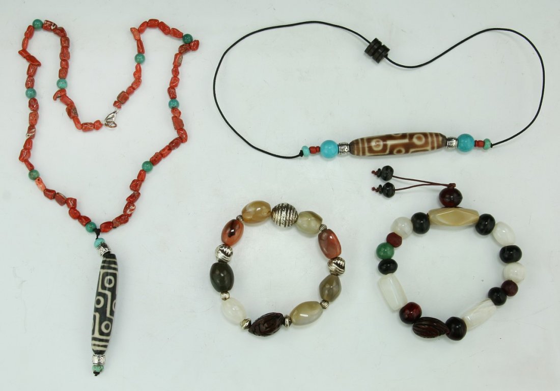 Four (4) Dzi-Like Bead Necklaces & Mixed Stone: Four (4) Dzi-Like Bead Necklaces & Mixed Stone Bracelets; Size: L: 22" (biggest)