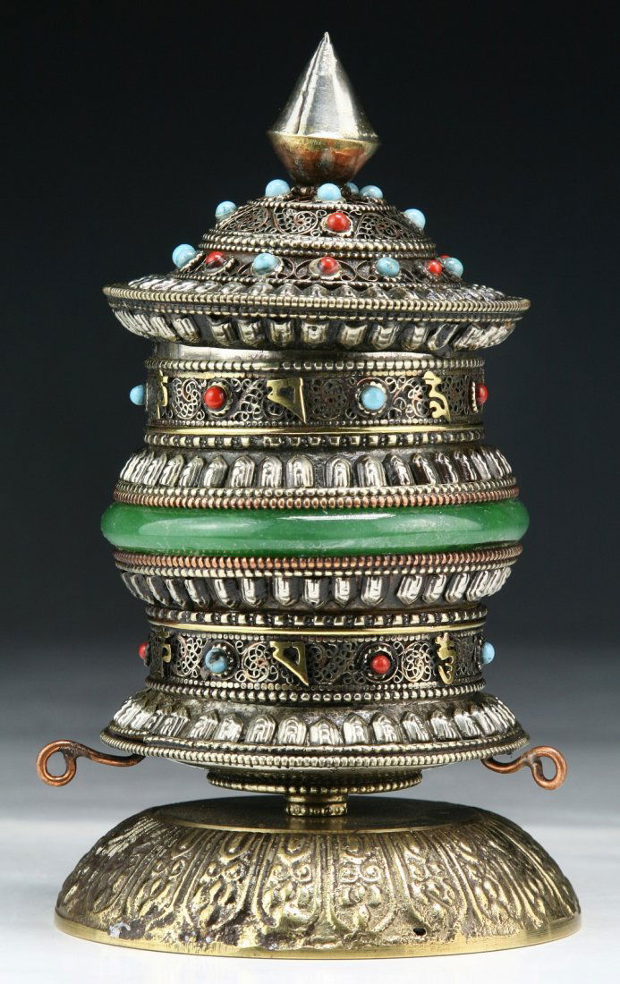 A Tibetan Antique Jeweled Silver Vase With Cover: A Tibetan Antique Jeweled Silver Vase With Cover; Size: H: 7"