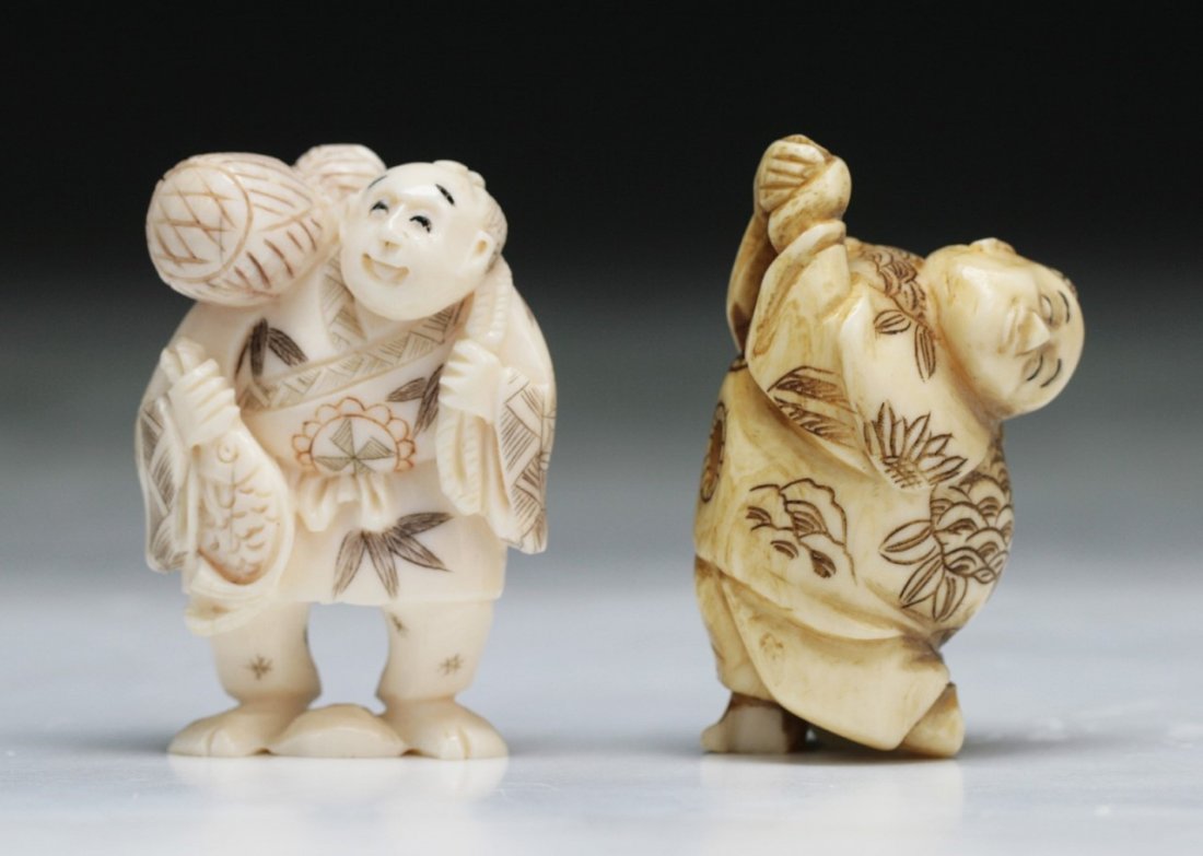 Two Carved Antique Ivory Netsuke: Two Carved Antique Ivory Netsuke; Size: H: 2"