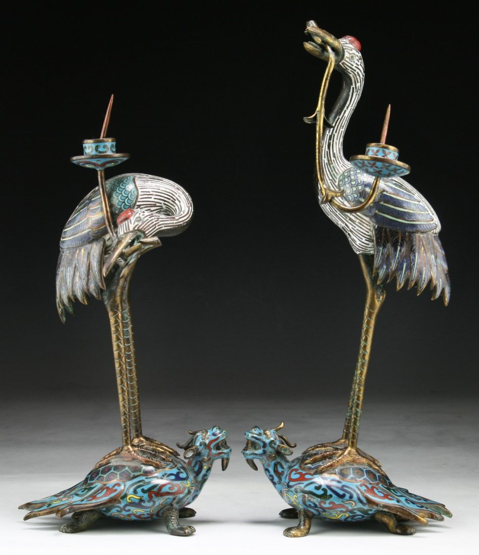 Pair Chinese Antique Cloisonne Crane Shaped Candle: Pair Chinese Antique Cloisonne Crane Shaped Candle Holders: well modeled as cranes standing on the back of turtles, of Qing Dynasty; Size: H: 14" (biggest)