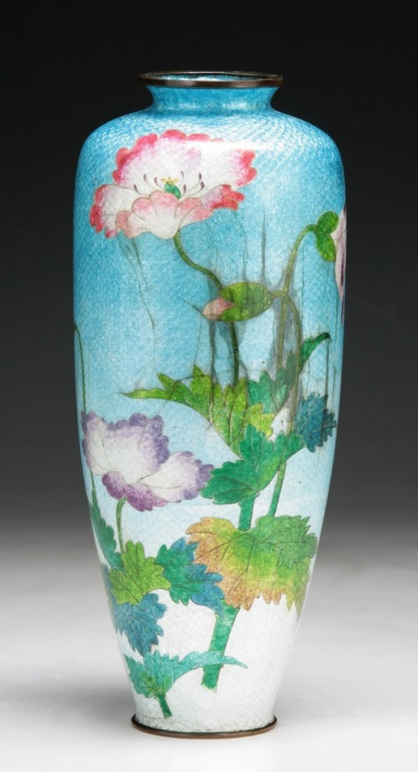A Japanese Antique Silver Ando Cloisonne Vase: 日本 明治早期七寶燒花鳥紋瓶 A Japanese Antique Silver Ando Cloisonne Vase; Size: H: 9-3/4"