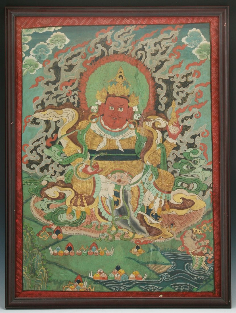 A Tibetan Antique Framed Thangka of Virupaksha: A Tibetan Antique Framed Thangka/Thanka of Virupaksha; Size: H: 27-3/4"; W: 20-3/4" (overall)