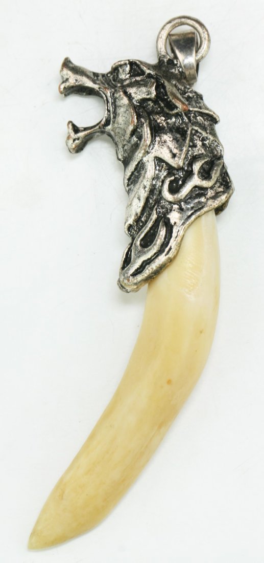 A Tiger Tooth Mounted With Silver Pendant: A Tiger Tooth Mounted With Silver Pendant; Size: H: 2-3/4"