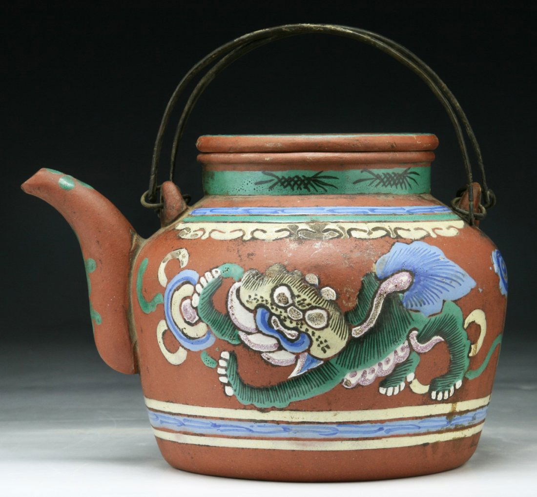 A Chinese Antique Polychrome Enameled Zisha Teapot: A Chinese Antique Polychrome Enameled Zisha Teapot: of Qing Dynasty; Size: L: 8"