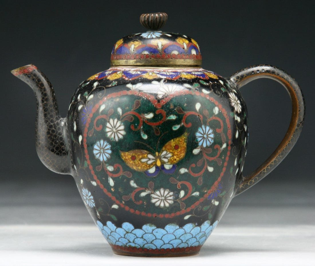 A Japanese Antique Cloisonne On Bronze Teapot: A Japanese Antique Cloisonne On Bronze Teapot; Size: L: 5-1/2"