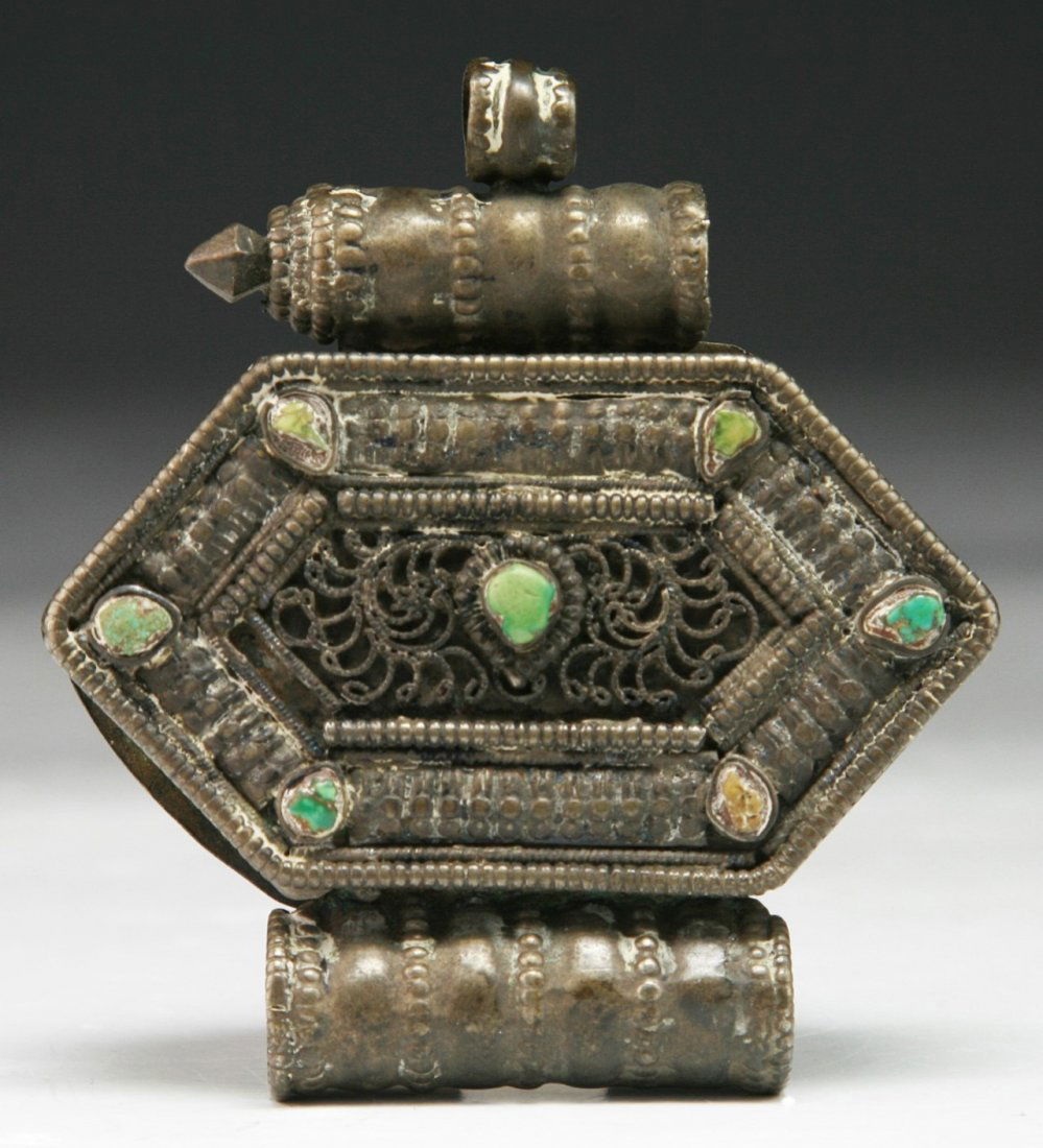 A Tibetan Antique Jeweled Bronze Box: A Tibetan Antique Jeweled Bronze Box: inlaid with precious stones, of 18th/19th Century; Size: H: 2-1/2"