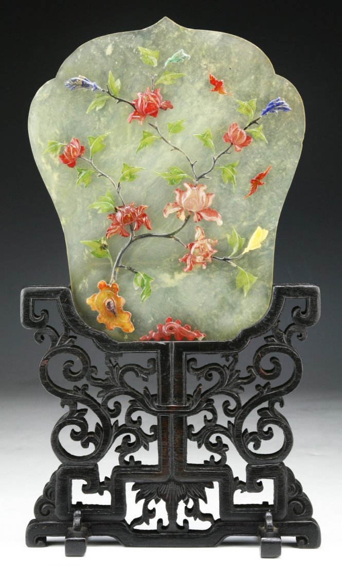 A Chinese Antique Serpentine Jade And Wood Table Screen: A Chinese Antique Serpentine Jade And Wood Table Screen: of Late QING Dynasty; Size: (overall) H: 14-1/4"