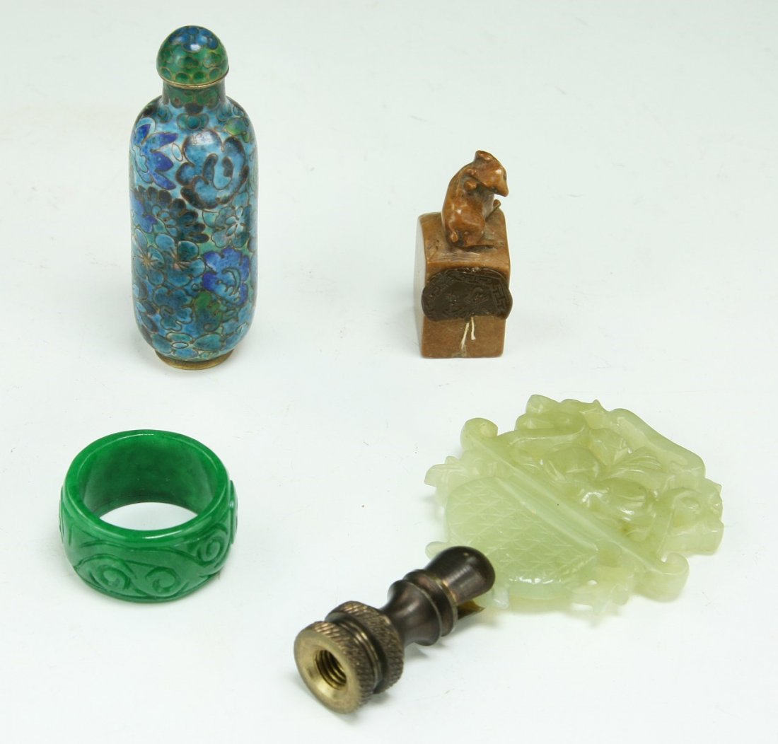 Four (4) Chinese Mixed Items: Four (4) Chinese Mixed Items: including one cloisonne snuff bottle, one jadeite thumb or archer's ring, one soapstone seal and one serpentine jade lamp finial; Size: H: 3" (biggest)