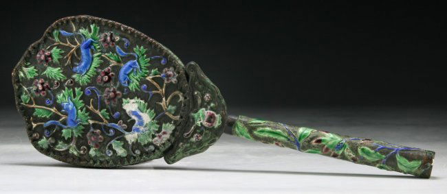 A Chinese Antique Enameled Cloisonne On Silver Mirror: A Chinese Antique Enameled Cloisonne On Silver Mirror: Chinese Export, of Qing Dynasty; Size: L: 10-1/4"
