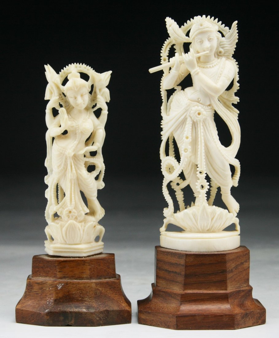 Two (2) Indian Antique Carved Ivory Goddesses: Two (2) Indian Antique Carved Ivory Goddesses: both presented on wood stands; Size: H: 4-3/8" (biggest)