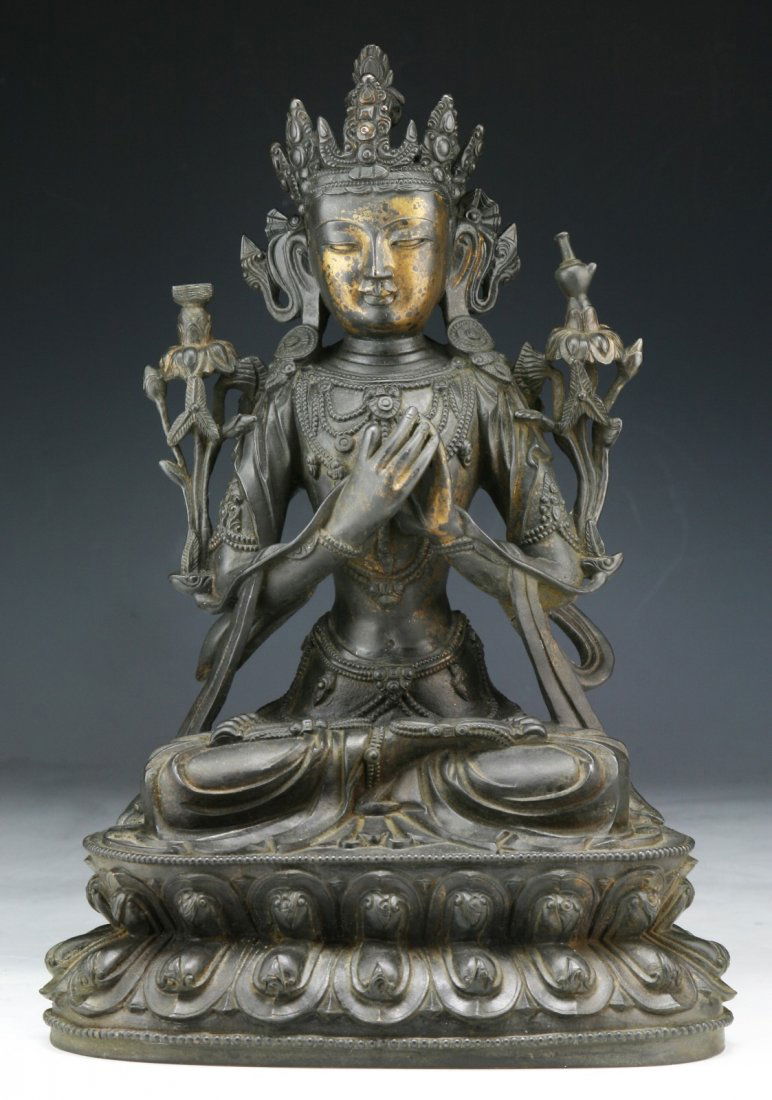 A Tibetan Antique Gilt Bronze Maitreya: 十八世紀西藏鎏弥勒銅像 A Tibetan Antique Gilt Bronze Maitreya: of 18th Century; Size: H: 11-1/2"