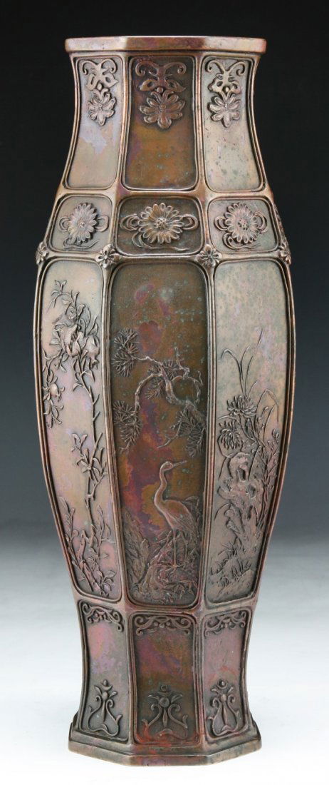 A Japanese Antique Brass Vase of Honma Takusai: A Japanese Antique Brass Vase: of octagon shape, Sign of Honma Takusai, 19th Century; Size: H: 14-1/2"