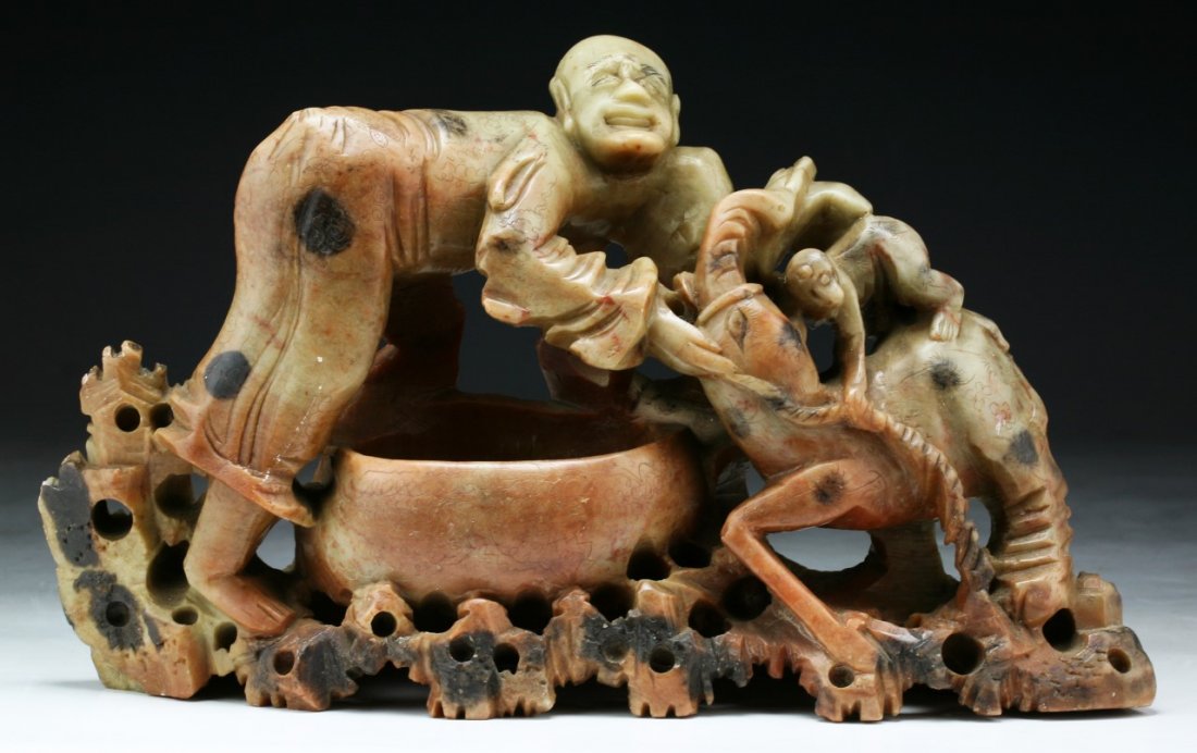A Chinese Carved Qingtian Soapstone Figure Group: A Chinese Carved Qingtian Soapstone Figure Group; Size: L: 11-1/2"
