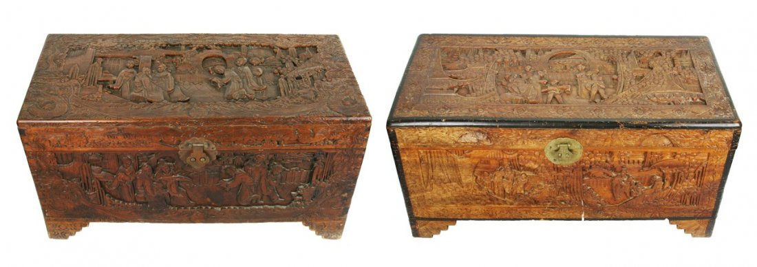 Two (2) Chinese Carved Camphor Wood Trunks: Two (2) Chinese Carved Camphor Wood Trunks; Size: L: 36" (bigger)
