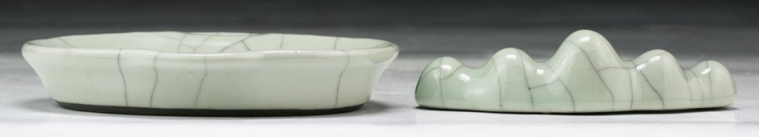 Two (2) Chinese Antique Porcelain Brush Rest & Water: Two (2) Chinese Antique Porcelain Brush Rest & Water Washer; Size: L: 4-1/4" (biggest)