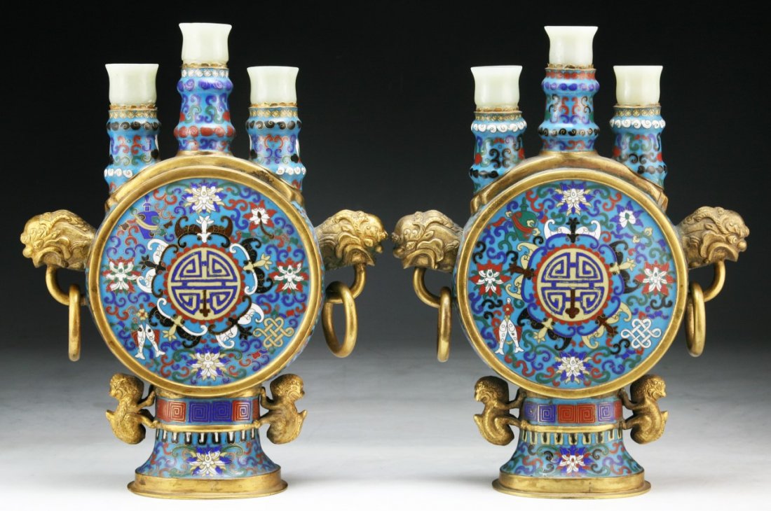 Pair Chinese Antique White Jade Cloisonne Candle Holder