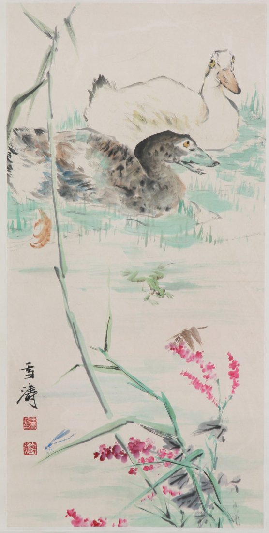 A Chinese Paper Hanging Painting Scroll By Wang, Xuetao: A Chinese Paper Hanging Painting Scroll By Wang, Xuetao: Ducks, ink and color on paper, sealed and inscribed by the artist; Size: H: 26-3/4", W: 13"; (overall) H: 71", W: 18-3/4"