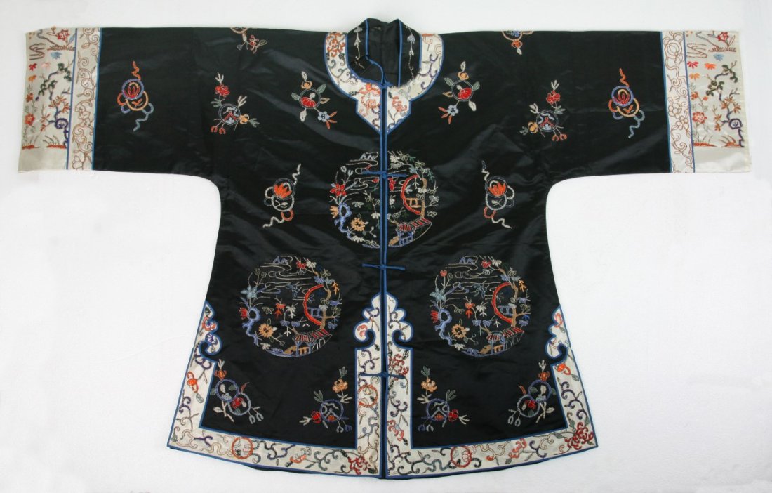 A Chinese Antique Silk Robe: A Chinese Antique Silk Robe: Antique Chinese embroidered silk and gilt metal thread robe, with design of landscape panels, executed in satin and forbidden stitch, Circa 1900; Size: H: 28"; W: 47-1/4"