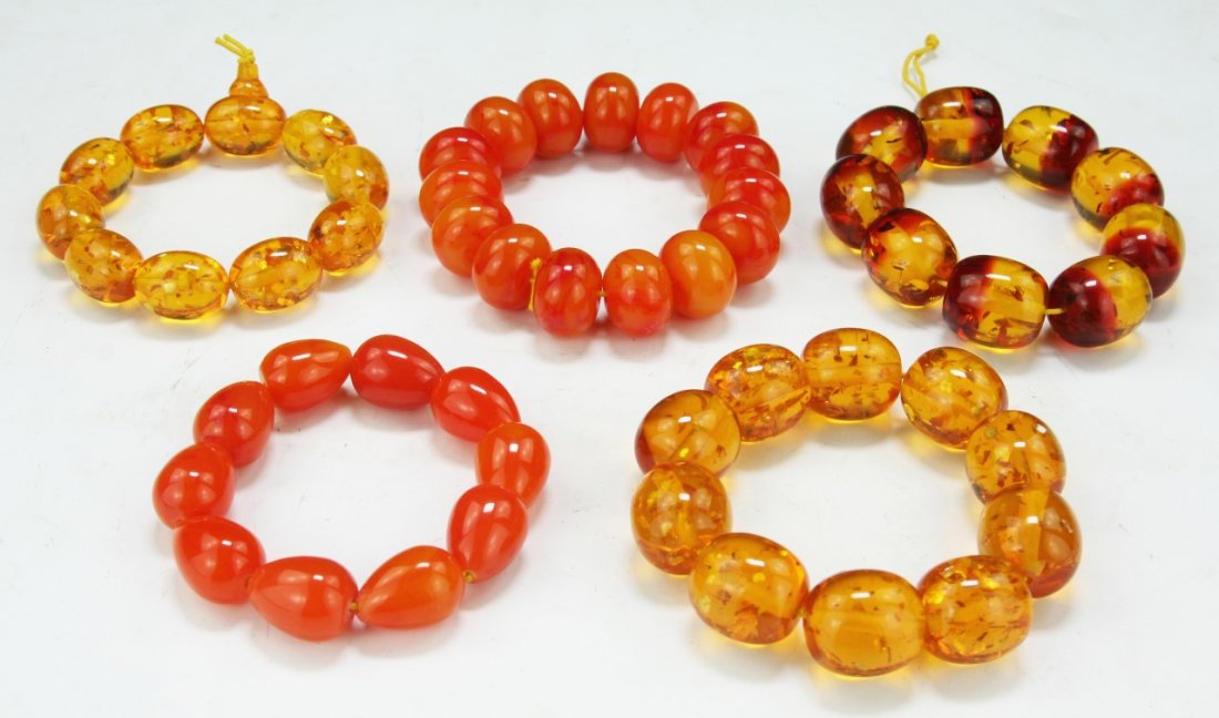 Five (5) Amber or Like Beaded Bracelets: Five (5) Amber or Like Beaded Bracelets; Size: D: 3-1/2" (biggest)