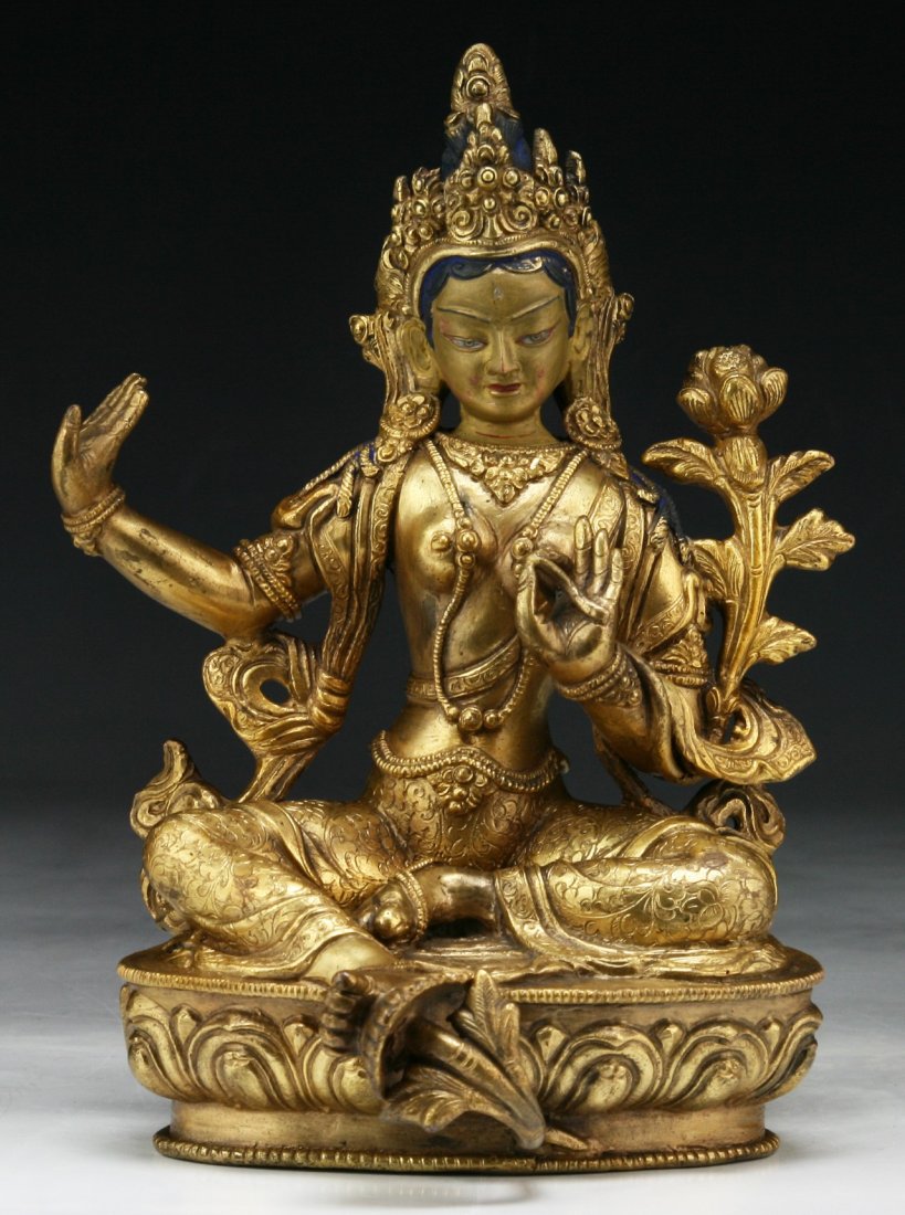 A Tibetan Antique Gilt Bronze Tara: A Tibetan Antique Gilt Bronze Tara; Size: H: 8-1/2"