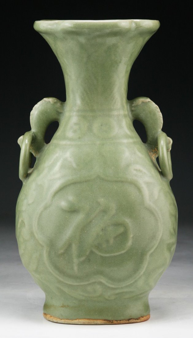 A Chinese Antique LONGQUAN Celadon Glazed Porcelain: A Chinese Antique LONGQUAN Celadon Glazed Porcelain Vase: of Late Ming to Early Qing Dynasty; Size: H: 10-3/4"