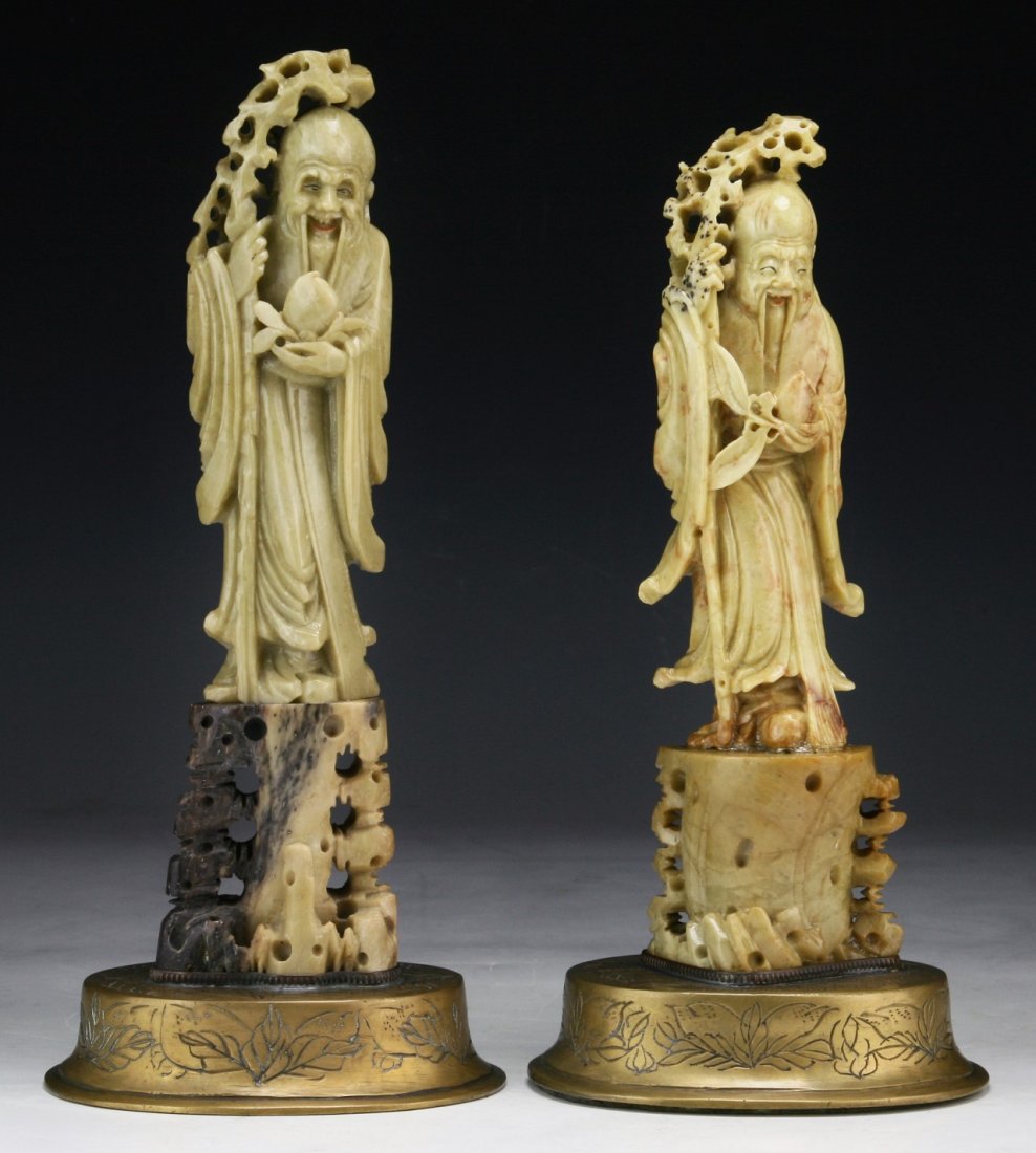 Two (2) Chinese Qingtian Soapstone Shoulao Carvings: Two (2) Chinese Qingtian Soapstone Shoulao Carvings; Size: H: 9" (biggest)
