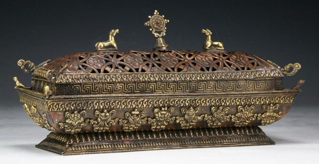 A Tibetan Antique Jeweled Bronze Censor: A Tibetan Antique Jeweled Bronze Censor:; Size: L: 12-1/2"