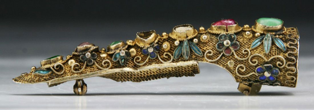 A Chinese Antique Silver Filigree & Tourmaline Nail: A Chinese Antique Silver Filigree & Tourmaline Nail Cover: of complicated filigree artwork, inlaid with tourmaline cabochons, of Qing Dynasty; Size: L: 3-3/8"