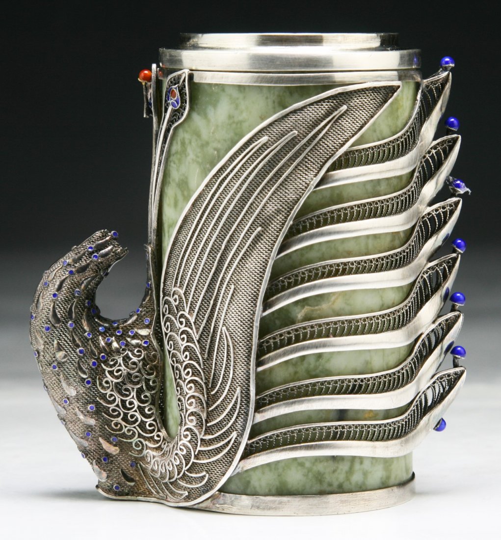 A Chinese Antique Silver & Soapstone Vase: A Chinese Antique Silver & Soapstone Vase; Size: H: 3-5/8"