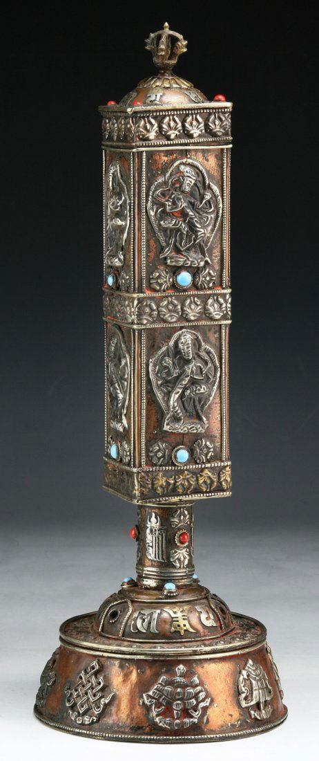 A Tibetan Antique Jeweled Bronze Prayer Wheel: A Tibetan Antique Jeweled Bronze Prayer Wheel; Size: H: 14-1/2"
