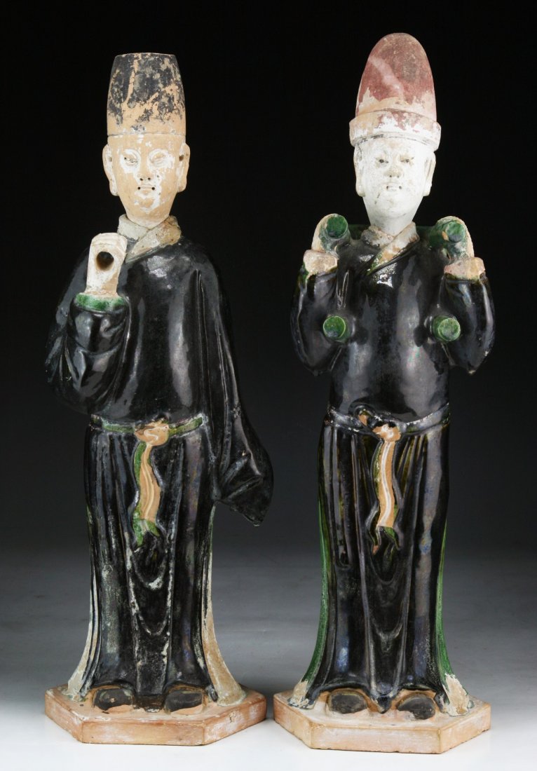 Two (2) Chinese Antique Polychrome Pottery Figures: Two (2) Chinese Antique Polychrome Pottery Figures: MING DYNASTY; Size: H: 17-1/2" (biggest)