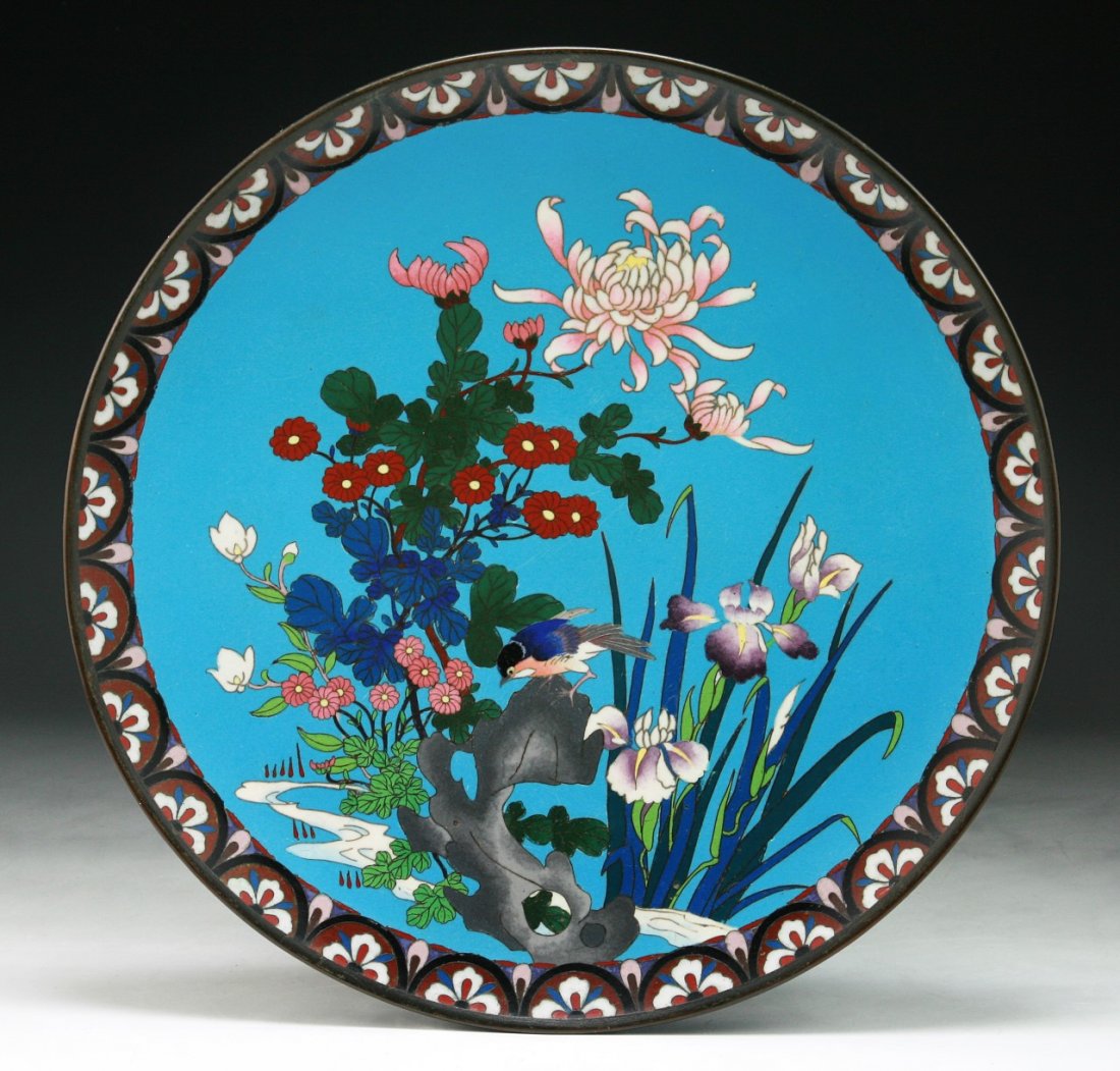 A Big Japanese Antique Enameled Cloisonne Plate: A Big Japanese Antique Enameled Cloisonne Plate: 19th Century; Size: D: 12"