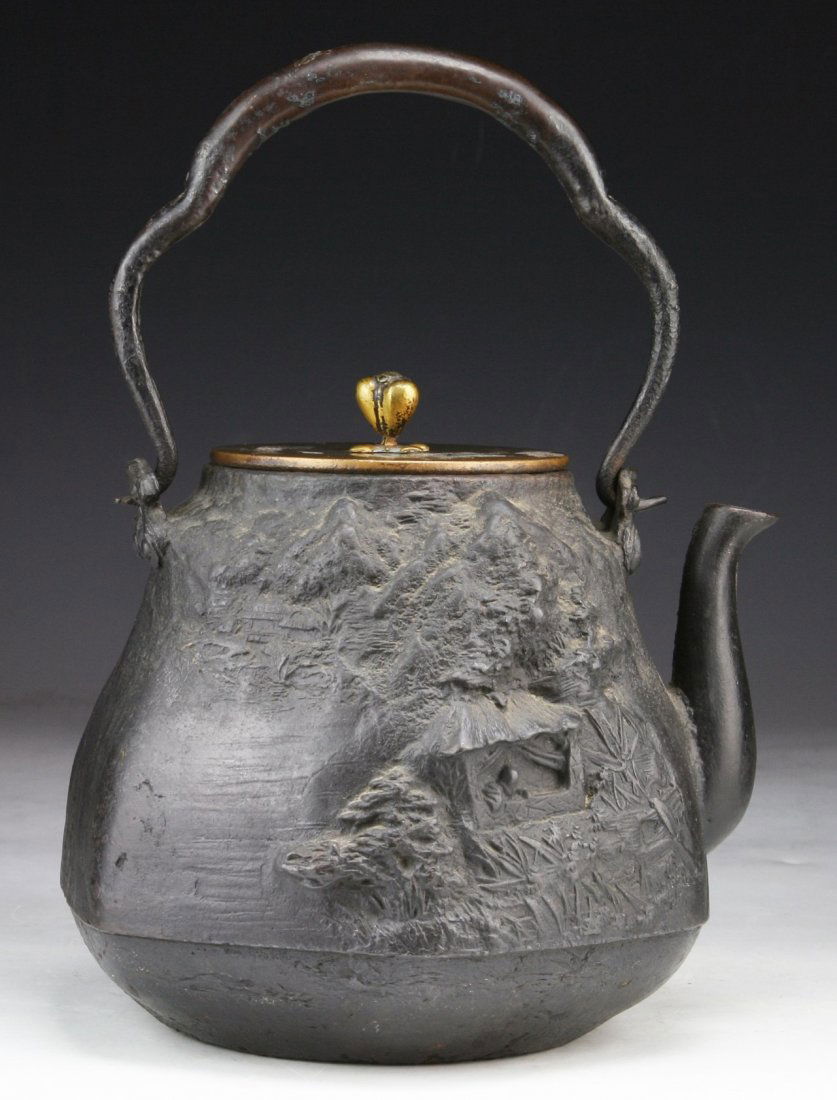 A Fine & Rare Japanese Antique Gold & Silver Inlaid: A Fine & Rare Japanese Antique Gold & Silver Inlaid Iron Teapot; Size: H: 10-1/4"; L: 7-1/2"