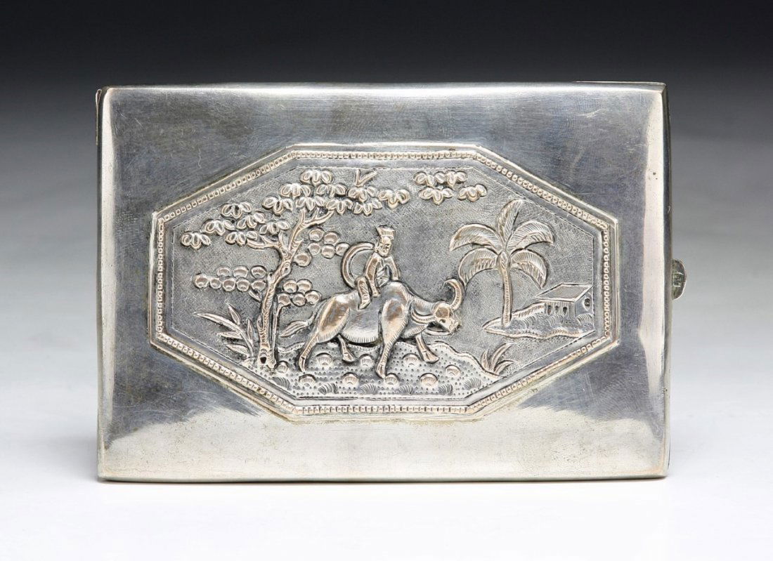 A Japanese Engraved Damascene Cigarette Case: 日本銀煙盒 A Japanese Antique Engraved Damascene Cigarette Case: circa 1900; Size: L: 4-1/2"