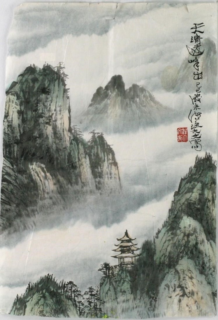 A Painting Paper Scroll By Wang, Dawen: 汪大文 山水設色紙本鏡心 A Painting Paper Scroll: Mountainous Landscape, ink and color on paper, attributed to Wang, Dawen (汪