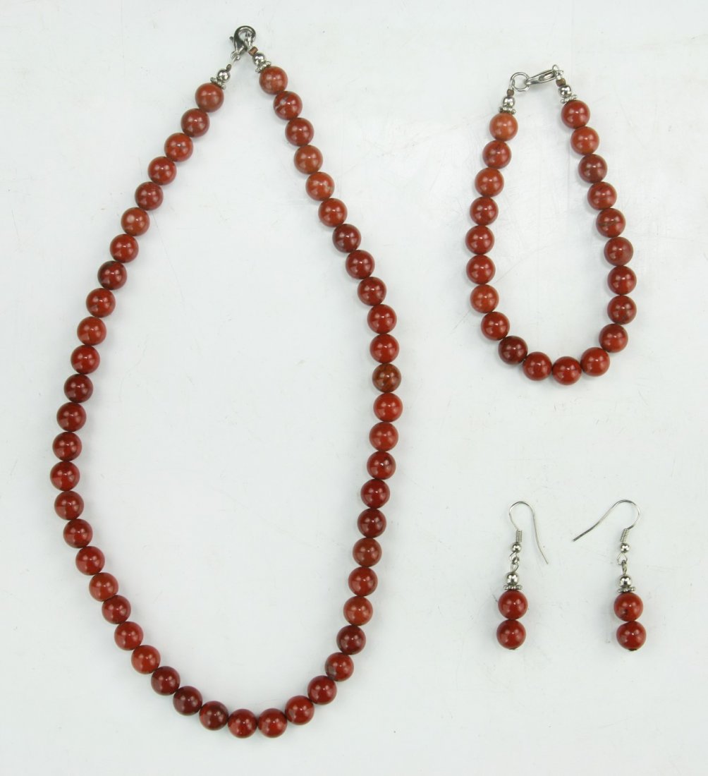 Three (3) Carnelian Agate Necklace, Bracelet & Earring: Three (3) Carnelian Agate Necklace, Bracelet & Earring Set; Size: L: 17-1/2"; (bead) D: 9mm (biggest)