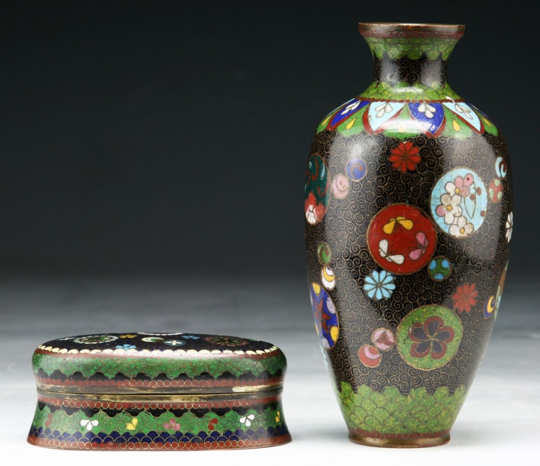 Two (2) Japanese Antique Enameled Cloisonne Items: Two (2) Japanese Antique Enameled Cloisonne Items; Size: H: 6" (biggest)