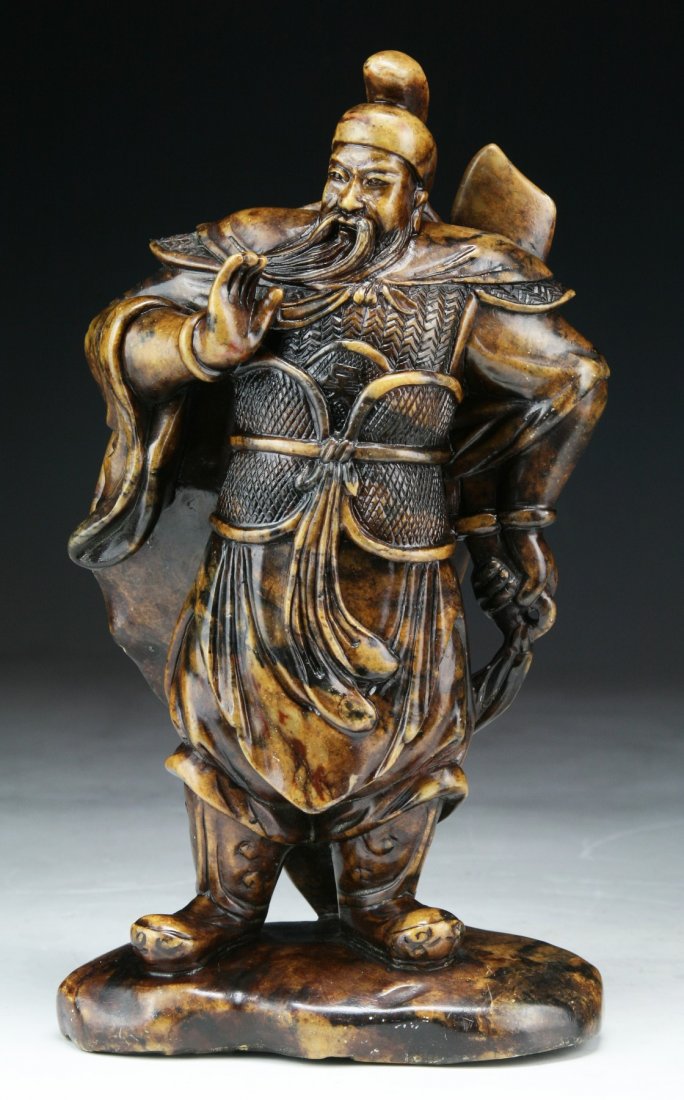 A Chinese Antique Soapstone Carved Guanyu: A Chinese Antique Soapstone Carved Guanyu; Size: H: 8-3/4"