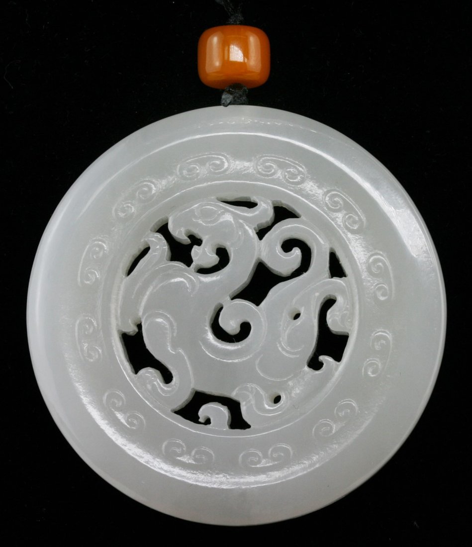A Fine & Rare HETIAN Nephrite White Jade Carving By: 張春風：和田羊脂白玉鏤空圓配 A HETIAN Nephrite White Jade Carving By Zhang, Chunfeng: with Certificate from Taiwan U