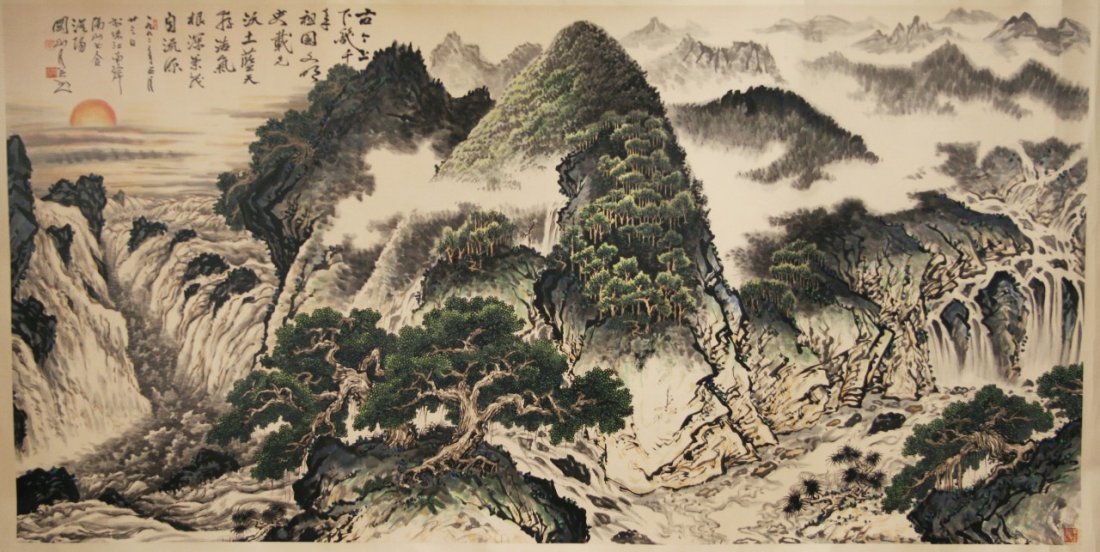 A Massive Chinese Horizontal Paper Painting Scroll By: 關山月款設色紙本大尺幅江山勝跡圖 A Massive Chinese Horizontal Paper Painting Scroll By Guan, Shanyue: La