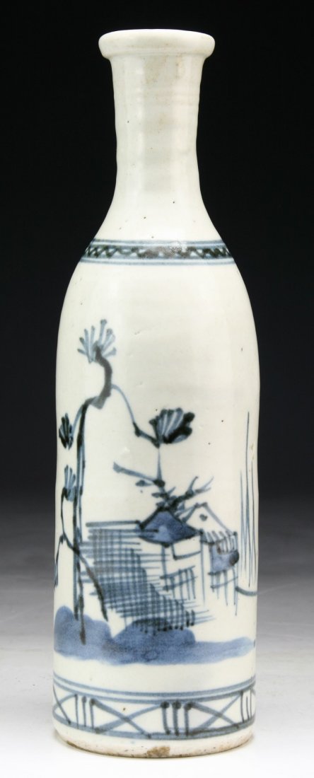 A Japanese Antique Blue & White Porcelain Saki Bottle: A Japanese Antique Blue & White Porcelain Saki Bottle; Size: H: 9-1/2"