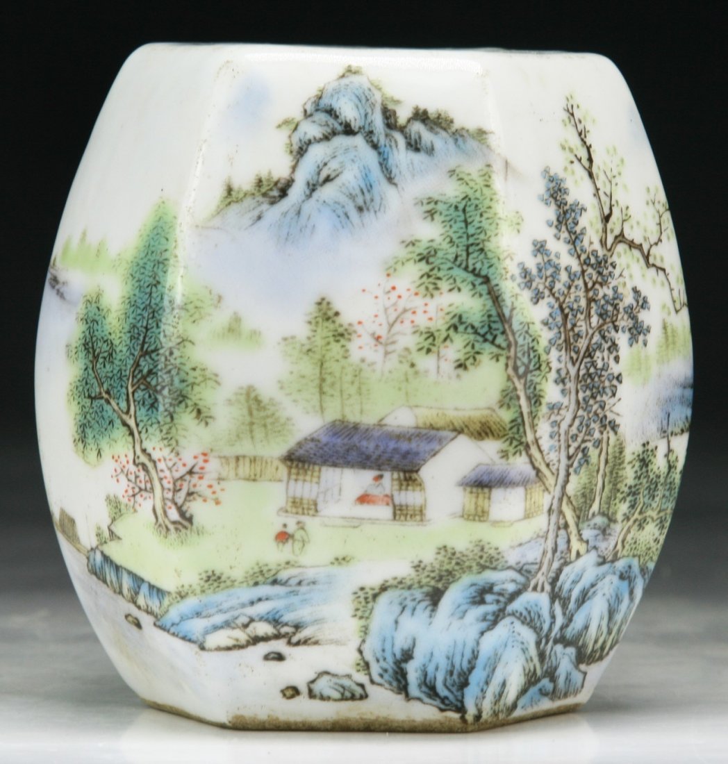 A Chinese Famille Rose Porcelain Stool Shaped Stand: A Chinese Famille Rose Porcelain Stool Shaped Stand: inscribed and signed on the body; Size: H: 4"