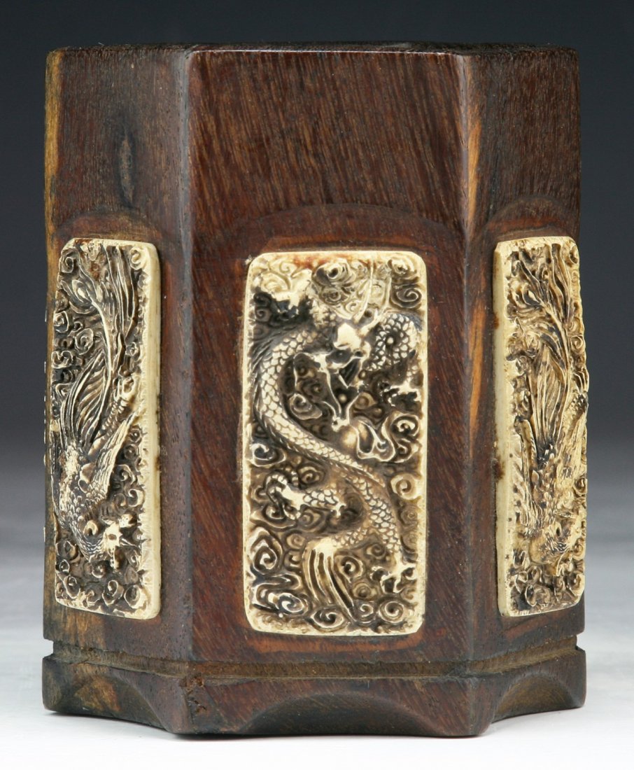A Chinese Antique Bone & Wood Brush Pot: A Chinese Antique Bone & Wood Brush Pot: of hexagonal form inlaid with bone carved dragon plaques on each side; Size: H: 5"