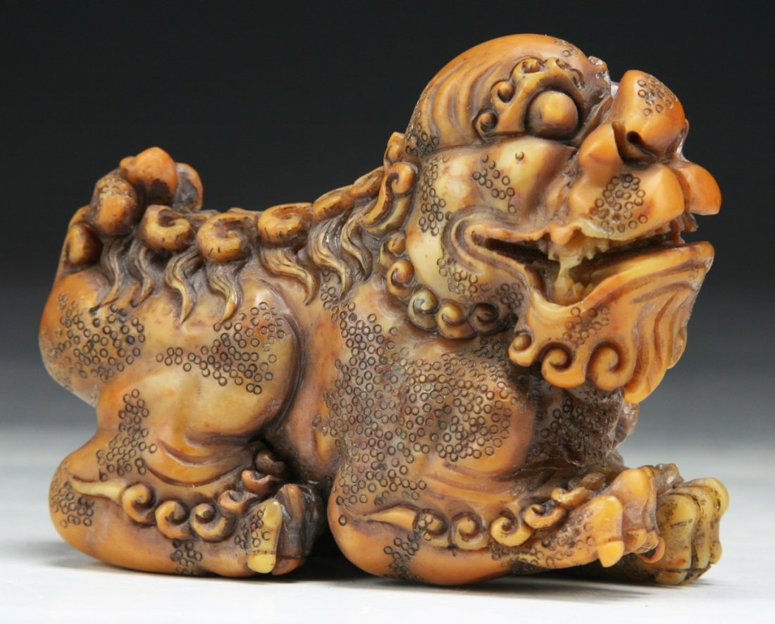 A Chinese Antique Soapstone Carved Lion: A Chinese Antique Soapstone Carved Lion; Size: L: 3"