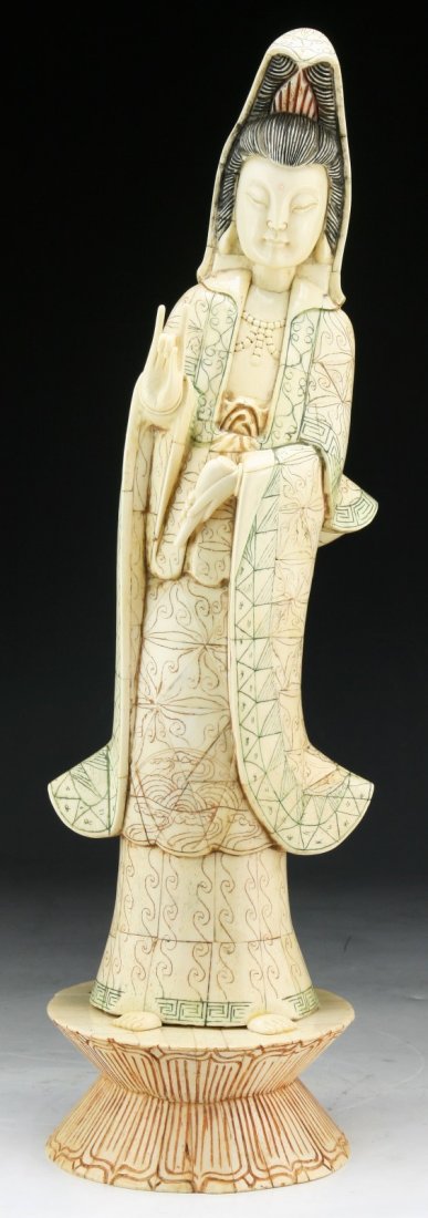 A Chinese Antique Carved Bone Guanyin: A Chinese Antique Carved Bone Guanyin; Size: H: 21"