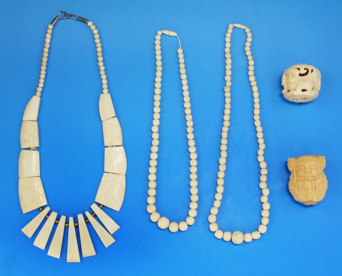 Five (5) Antique Carved Ivory Items: Five (5) Antique Carved Ivory Items: African ivory, Minguo Period (Early 20th Century), NO INTERNATIONAL SHIPPING OF IVORY ITEMS; Size: L: 44"; (pendant) H: 2" (biggest)