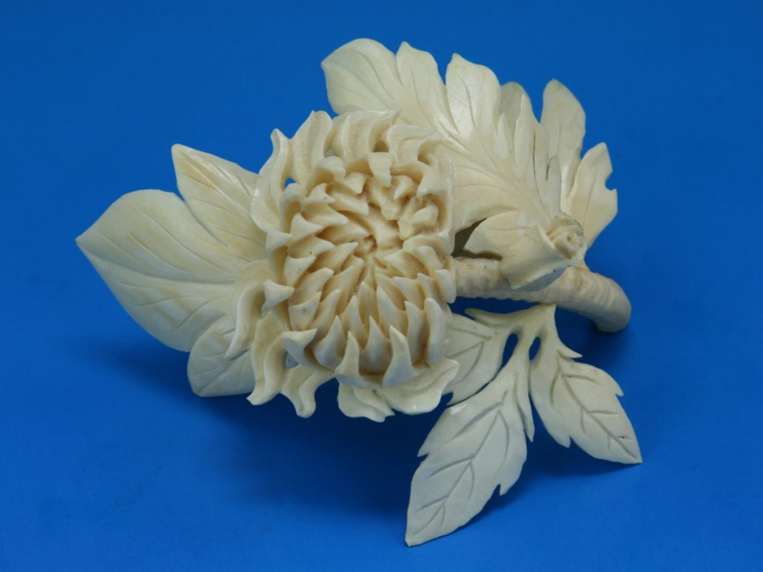 A Chinese Antique Ivory Carved Flower With Leafy Stem: A Chinese Antique Ivory Carved Flower With Leafy Stem: African ivory, Minguo Period (Early 20th Century), NO INTERNATIONAL SHIPPING OF IVORY ITEMS; Size: L: 4-1/8"